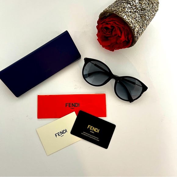 Authentic Fendi 56mm Round Sunglasses - Black W/ Grey Blue Shades - New W/ Case